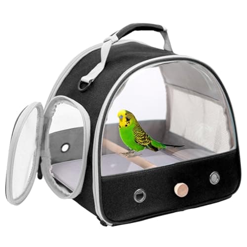 Image of Interfashioner® Small Bird Travel Carrier, Portable Bird Cage for Parrot Parakeet Budgie Cockatiel with Soft Mat and Wooden Stand Perch (Black)