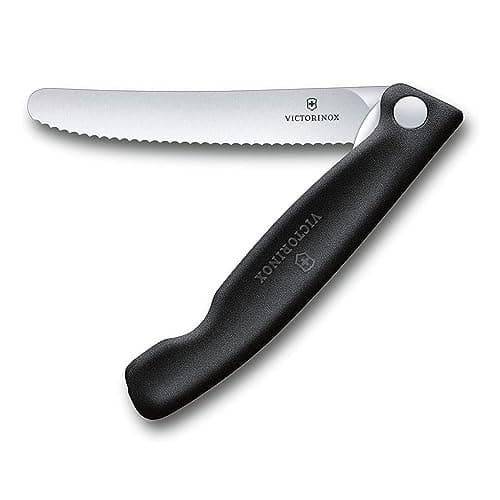 Image of Victorinox Swiss Classic Foldable picnic knife for hiking, fruit, vegetables, bread rolls, sausage, serrated edge, extra sharp, Black