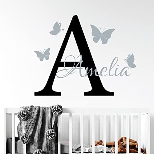 Image of Personalised Name - Initial Letter and Butterflies - Baby Nursery Vinyl Wall Decal Sticker [Large] [Black]