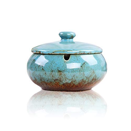 Image of Lependor Ceramic Ashtray with Lids,Windproof,Cigarette Ashtray for Indoor or Outdoor Use,Ash Holder for Smokers,Desktop Smoking Ash Tray for Home Office Decoration - Blue