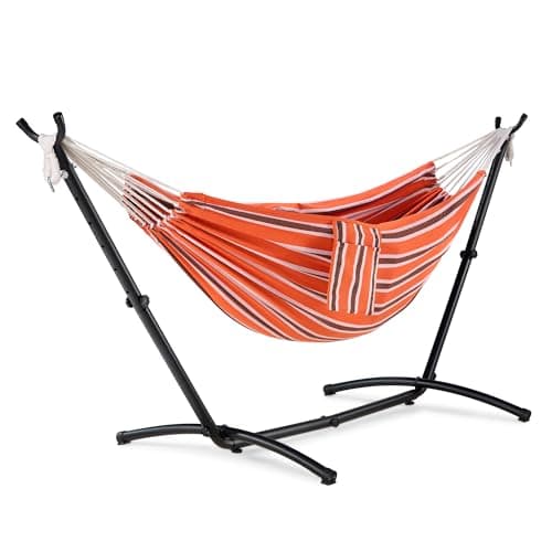 Image of VonHaus Hammock with Stand - Freestanding 2 Person Striped Hammock Seat with Steel Frame - Polycotton Material & Adjustable Frame for Garden - Travel Bag for Beach, Camping & Outdoors - Orange Stripe