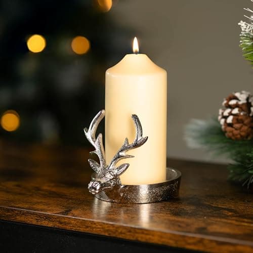 Image of HomeZone Christmas Reindeer Votive Tealight Candle Holder - Rustic Metal Reindeer and 4x Glass Tealight Candle Holder - Festive Gift Xmas Table Centrepiece Rudolf Candle Light (Stag Tealight Holder)