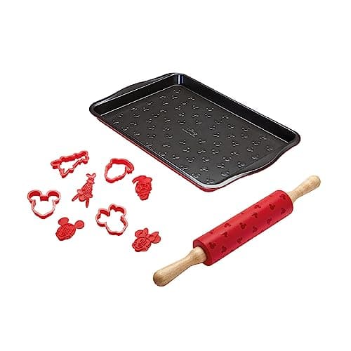 Image of Prestige New Disney Bake with Mickey Mouse Bakeware Set with Non Stick Oven Tray 10" x 15", Cookie Cutter Set of 4 and Silicone Rolling Pin 45cm, Red" Gold "Red