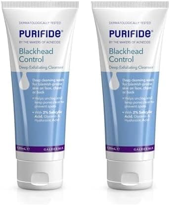 Image of Purifide by Acnecide Blackhead Control Face Wash, Deep Exfoliating Cleanser for Acne Prone Skin 120ml, with 2% Salicylic Acid and Hyaluronic Acid (Pack of 2)