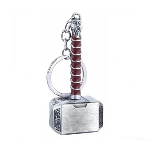 Image of Multibao Keychain Keyring Marvel Thor's Hammer Solid Single Piece Won't Snap Mjolnir Silver & Brown
