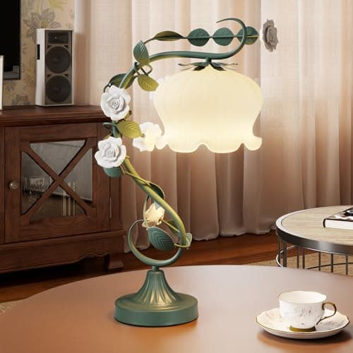 Image of GiantexUK Flower Table Lamp, E27 Vintage Bedside Lamp with Lily of The Valley Acrylic Lampshade, Home Decoration Reading Light for Bedroom Study Room Dorm