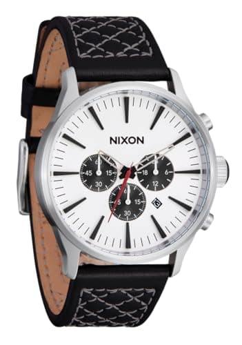 Image of NIXON Sentry Chrono Leather A1391-100m Water Resistant Men's Analog Chronograph Watch (42mm Watch Face, 23mm Leather Band), Chrome/Cloud Sunray/Black, One Size, Sentry Chrono Leather