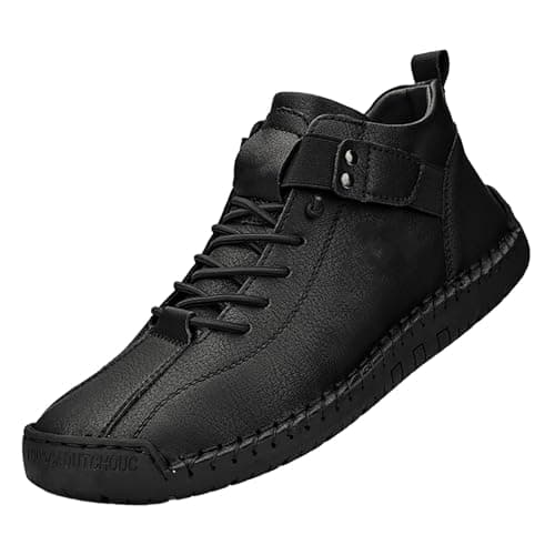 Image of Mens Leather High Top Casual Boots Lace Up Adjustable Strap Walking Shoes Non Slip Outdoor Trainers with Arch Support Wide Fit for Walking Training Sports Footwear(Black, 8)