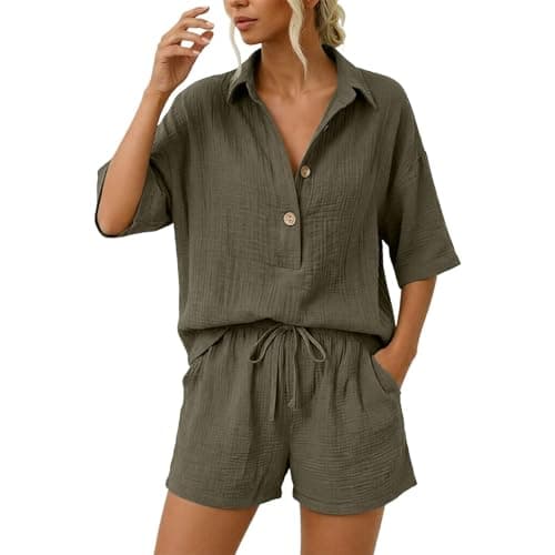 Image of Women's Tracksuit Set 2 Piece Green V Neck Half Button Shirt & Elastic Waist Shorts Petite Soft Casual Loungewear Travel Outfit Airport Set Relaxed Lounge Set with Pockets for Beach Holiday UK 10