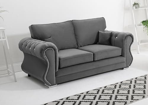 Image of Sofahub Grey Plush Velvet 3 Seater Sofa | Button Tufted Arms Diamond Detail Foam Seating Chrome Legs | Comfortable Living Room Sofa Couch, Large Upholstered Velvet Sofa for Home