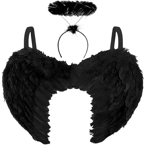 Image of Redstar Fancy Dress Dark Angel Costume with Wings and Tiara with Halo Black Halloween Costume Party