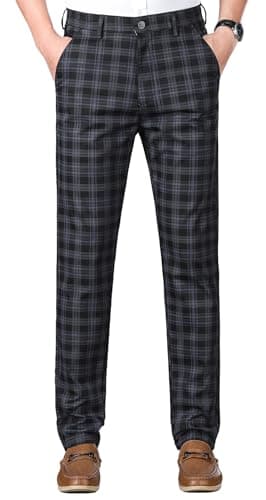 Image of Yukirtiq Men's Tweed Check Stretch Trousers Chino Plaid Pants Slim Fit Classic Check Golf Retro Pants Vintage Style Bottom, Black, W32