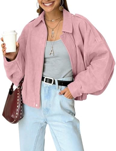 Image of Kissonic Womens Faux Suede Bomber Jacket Oversized Batwing Long Sleeve Zip Up Cropped Coat Streetwear, Pink, M