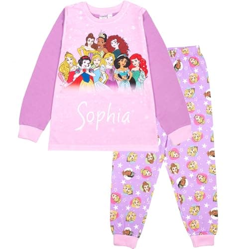 Image of Disney Princesses Personalised Pyjama for Kids 100% Cotton Long Sleeve Winter Pyjama Soft and Comfortable Gift for Girls PJ Set Age 6/7 Pink