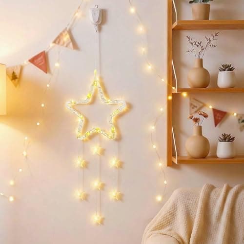 Image of HHMTAKA LED Christmas Star Window Light, 8 Modes Twinkle Curtain Light Timer, Rechargeable Hanging Lights for Party Shop Window Xmas Decoration, Outdoor Indoor(Warm Light)