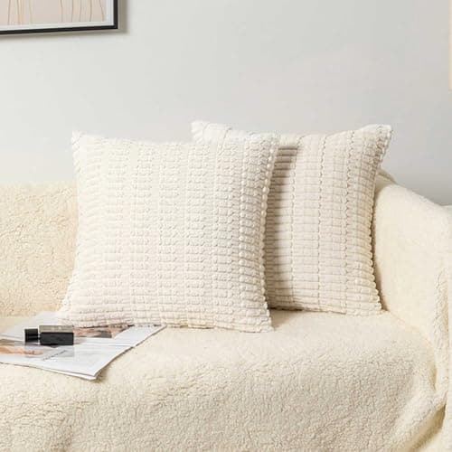 Image of SHENGRUI Cream Cushion Covers 45cm x 45cm,Corduroy Decorative Fluffy Pillows Cases,Cushions Cover 18x18 inches with Invisible Zipper for Sofa Bed Livingroom Bedroom,Pack of 2