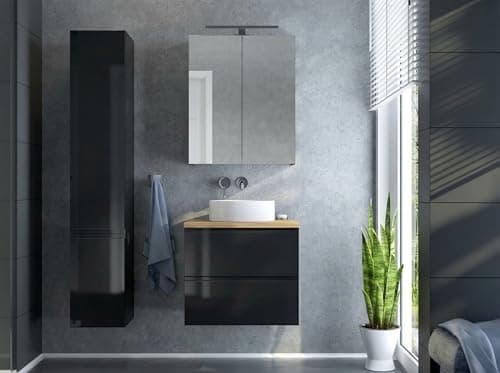 Image of TRANS - PAL Bathroom Furniture Vanity Unit Basin Sink Wall Hung Mounted Soft Close Drawers Storage Cabinet 2 Drawer Ceramic Basin Countertop (Gloss Black, 600mm + Basin)
