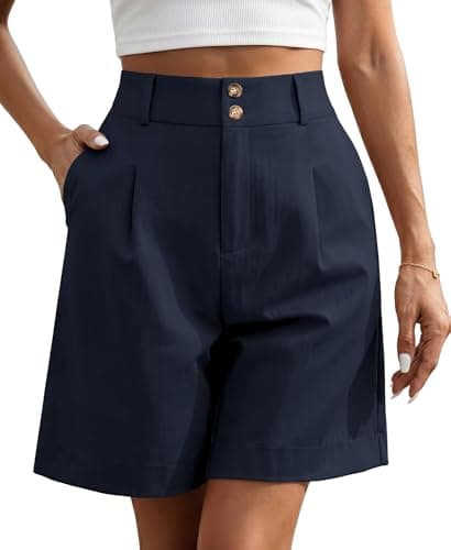 Image of Husmeu Womens Tailored Shorts Casual Wide Leg High Waisted Summer Shorts with Pockets Dark Blue M