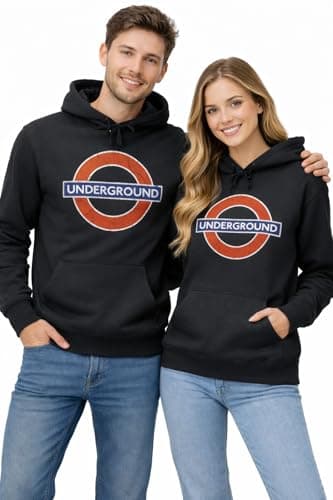 Image of GWCC Licensed Unisex Underground Roundel Distressed Print Hoodie | Official TFL London Hooded Sweatshirt | Soft Cotton Blend Pullover | Black | Sizes XS–2XL (UK, Alpha, S, Regular, Regular)