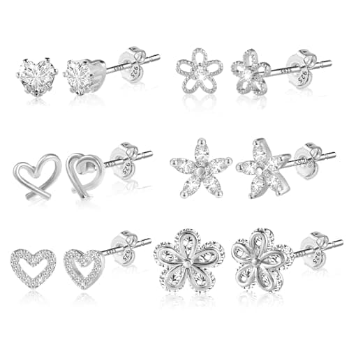 Image of ALEXCRAFT 925 Sterling Silver Post Stud Earrings Set for Women Girls, 14K White Gold Plated Minimalist Piercing Earrings Twist Heart Cinquefoil Flower Zirconia Studs Earring(6 Pairs)