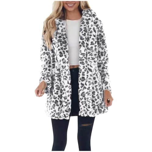 Image of Flodxo Faux Fur Coat Women Leopard Print Winter Long Jackets Plus Size Fleece Fluffy Shacket Warm and Cosy Overcoat Soft Elegant Casual Trench Coat Open Front Longline Cardigans White L