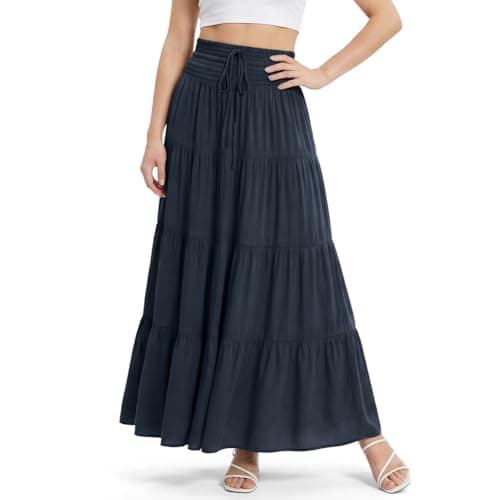 Image of Alaoo Long Skirts for Women, Flowy Elasticated Waist Pleated A Line Skirts With Drawstring, Casual Comfy Boho Women 2in 1 Skirt High Waist Maxi Skirt for Beach Daily Travel Vacation, Navy Blue