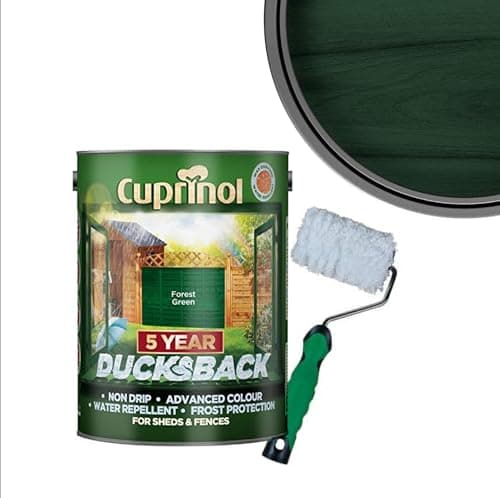 Image of Cuprinol Ducksback- Silver Copse : Shed & Fence Paint 5 Litre| Non Drip, Water Repellent and Frost Defence. Protection for 5 Years. Includes 4" Shed,Fence And Decking Roller (FOREST GREEN)