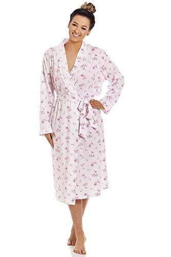 Image of Camille Women's 100% Cotton Dressing Gown | Long-Sleeve, Calf-Length Bathrobe | Wrap Belt Tie Fastening & Front Pockets | Lightweight & Breathable Luxury | Elegant Design Housecoat | Pink 22-24