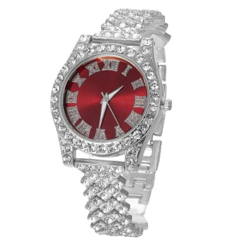 Image of HALUKAKAH Diamonds Gold Watch Iced Out,Women's Platinum White Gold Plated 36MM Width Red Dial Quartz Wristband 20cm,Free Giftbox