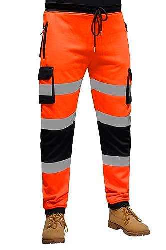 Image of RAK Men’s Fleece Fluorescent Working Trousers Hi-Viz Tape Multi Pockets Elastic Waist Draw String Clouser Elastic Bottom Cuffed (RAK-FWT1-ORANGE, L)