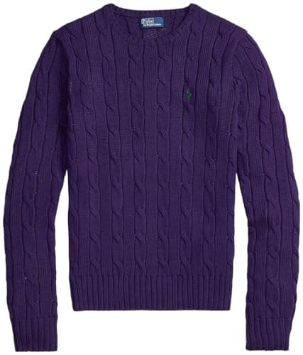 Image of RALPH LAUREN Women's Crewneck Cable Knit Pony Logo Sweater, Rl Bedford Purple, XS
