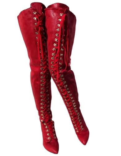 Image of Frankie Hsu Sexy Red Snake Python Print Punk Over The Knee Boots High Heeled Stiletto Lace Up Vintage Style Retro Tall Wide Thigh Large Big Size Long Boot For Women Men, Black, 9 UK