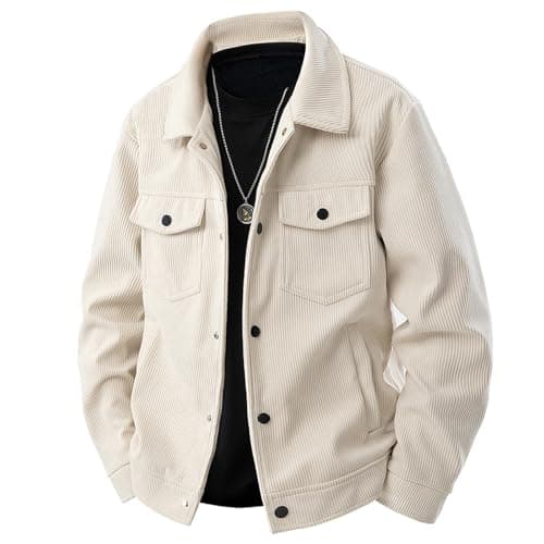 Image of HBER Corduroy Jacket for Men Button Down Vintage Long Sleeve Fall Shirts Casual Western Shacket Jacket with Flap Pockets, Beige, XX-L