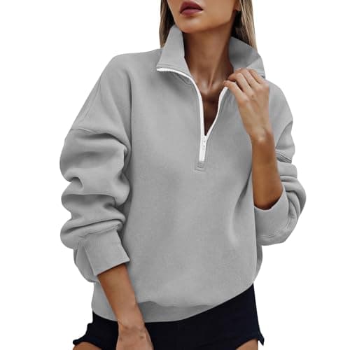 Image of Womens Half Zip Sweatshirt Solid Casual 1/4 Zip Pullover Tops Autumn Winter Cosy Jumpers Ladies Sweaters Quarter-Zip Fleece Sweatshirt with Pockets Knitwear Fashion Casual Long Sleeve Top Gray