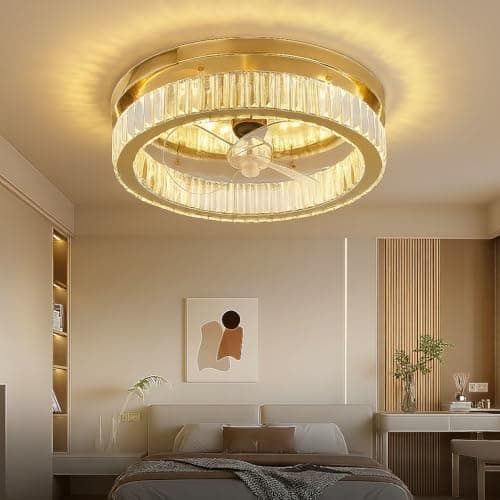 Image of RHEAFON Quite Ceiling Fans with Lights and Remote Smart Ceiling Fan Dimmable LED Bladeless Modern Crystal Ceiling Fan for Bedroom Living Room Dining Room Fan Reversible and 6 Speeds (Gold)