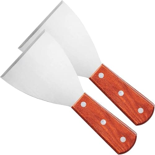 Image of 2Pcs Griddle Scraper,Stainless Steel Spatula for Cast Iron Wood Handle Slant Edge Grill Scrapers for Food Service/Cooking/Cleaning(Brown)