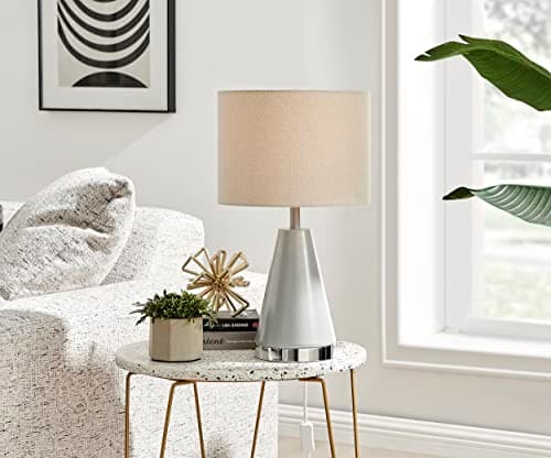Image of Furniturebox UK Lighting - Zoe Table Lamp with Grey Satin-Matte Metal & Silver Accent - Modern Design with Tapered Base - Grey Fabric Lampshade - Simple & Glam