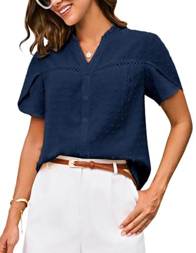 Image of GRACE KARIN Ladies Button-Up Henley Shirt Swiss-Dot V-Neck Short Sleeve Dressy Tops Blouse Office Wear Navy Blue M