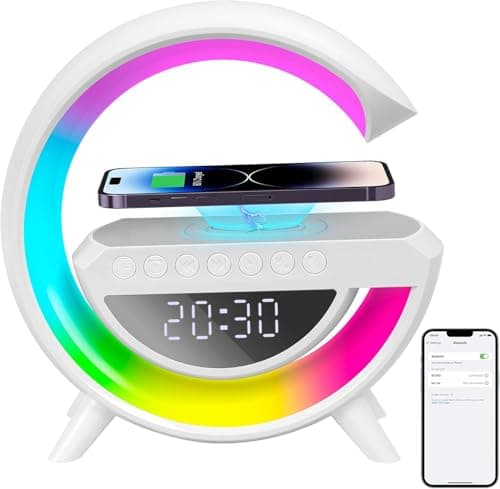Image of Jimhaby Alarm Clock with Wireless Charging,G Shape Induction Bedside Lamp, 15W Bluetooth Speaker with Ambient Lighting Synced to Music,LED Table Lamps, for Bedroom/Camping/Living Room Decor