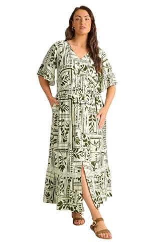 Image of EVANS Curve Leaf Print Button Through Maxi Dress - Women's - Plus Size Curve Green