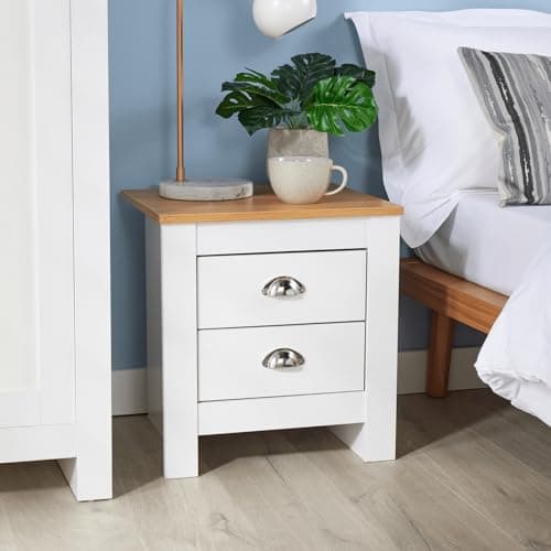 Image of Home Source Bedroom 2 Drawer Bedside Nightstand, Oak Effect Top, Metal Handles, White
