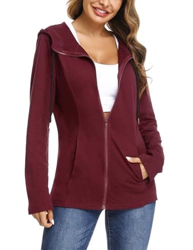 Image of Aottori Red for Women UK Ladies Zip Up Hoodie Jacket Long Sleeve Zipper Hooded Sweatshirts Plain Lightweight Running Sports Jackets Wine Red XXL