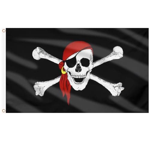 Image of AhfuLife Pirate Jolly Roger Flag for Pirate Themed Party, 5ft x 3ft Large Red Scarf Flag Double Sides with Brass Eyelets for Halloween Indoor Outdoor Decorations