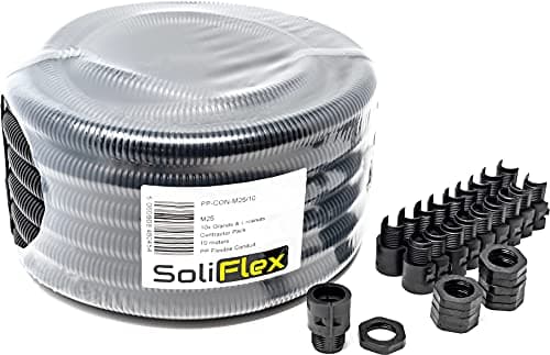 Image of SoliFlex Flexible Conduit Outdoor Cable Contractor Pack IP40-10M Coil - Underground Burial, External Trunking, Electrical Ducting, Hose Pipe Wire Protection. w/Fittings - 10 Glands and Locknuts (M25)