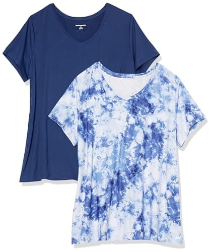 Image of Amazon Essentials Women's Active Quick Dry Tech Stretch Short-Sleeve V-Neck Gym T-Shirt (Available in Plus Size), Pack of 2, Navy/Navy, Abstract, XS