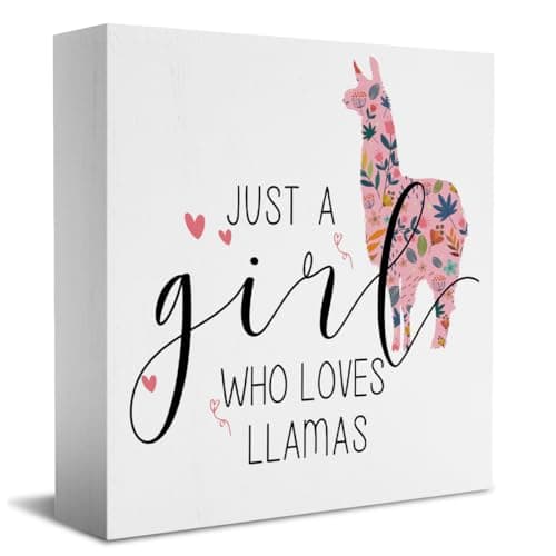 Image of Funny Llama Sign Llama Gifts Desk Decor Wooden Box Sign Llama Gifts for Women Girls Llama Decor Wood Block Plaque Box Sign for Girls Room Bathroom Shelf Table Decoration Just A Girl Who Loves Llama