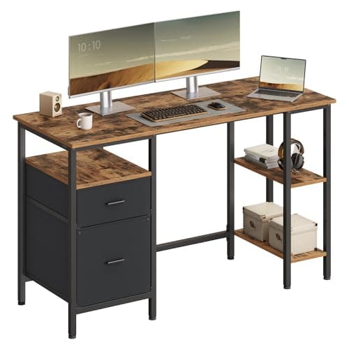 Image of VASAGLE Computer Desk, Work Desk with Storage, 3 Shelves, 2 Drawers, 127 x 50 x 76 cm, for Home Office, Living Room, Industrial Style, Rustic Brown and Matte Black LWD103KD01