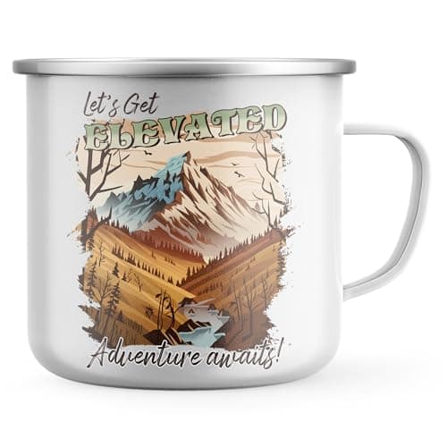 Image of Purple Print House Adventure Awaits Hiking Enamel Mug - Let's Get Elevated Metal Tea Coffee Cup for Hikers - Mens Womens Outdoor Lover Gift - Mountain Design