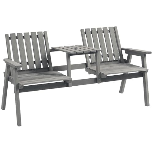 Image of Outsunny Wooden Garden Loveseat, 2-Seater Garden Chair with Table & Parasol Hole, Outdoor Bench for Porch, Patio, Grey