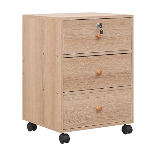 Image of NICEME Mobile File Cabinet with 3 Drawers Under Desk Storage Unit with Lock (Only Top Drawer),Office Drawer Pedestal, Assembly Required (3 Drawers, Maple)